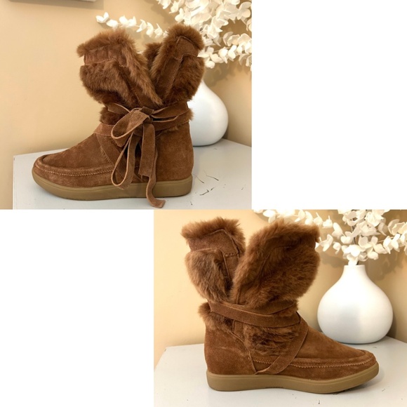 NWT Report Signature Lucinda Suede/Faux Fur Tan Tie Booties Size 6 - Picture 7 of 13